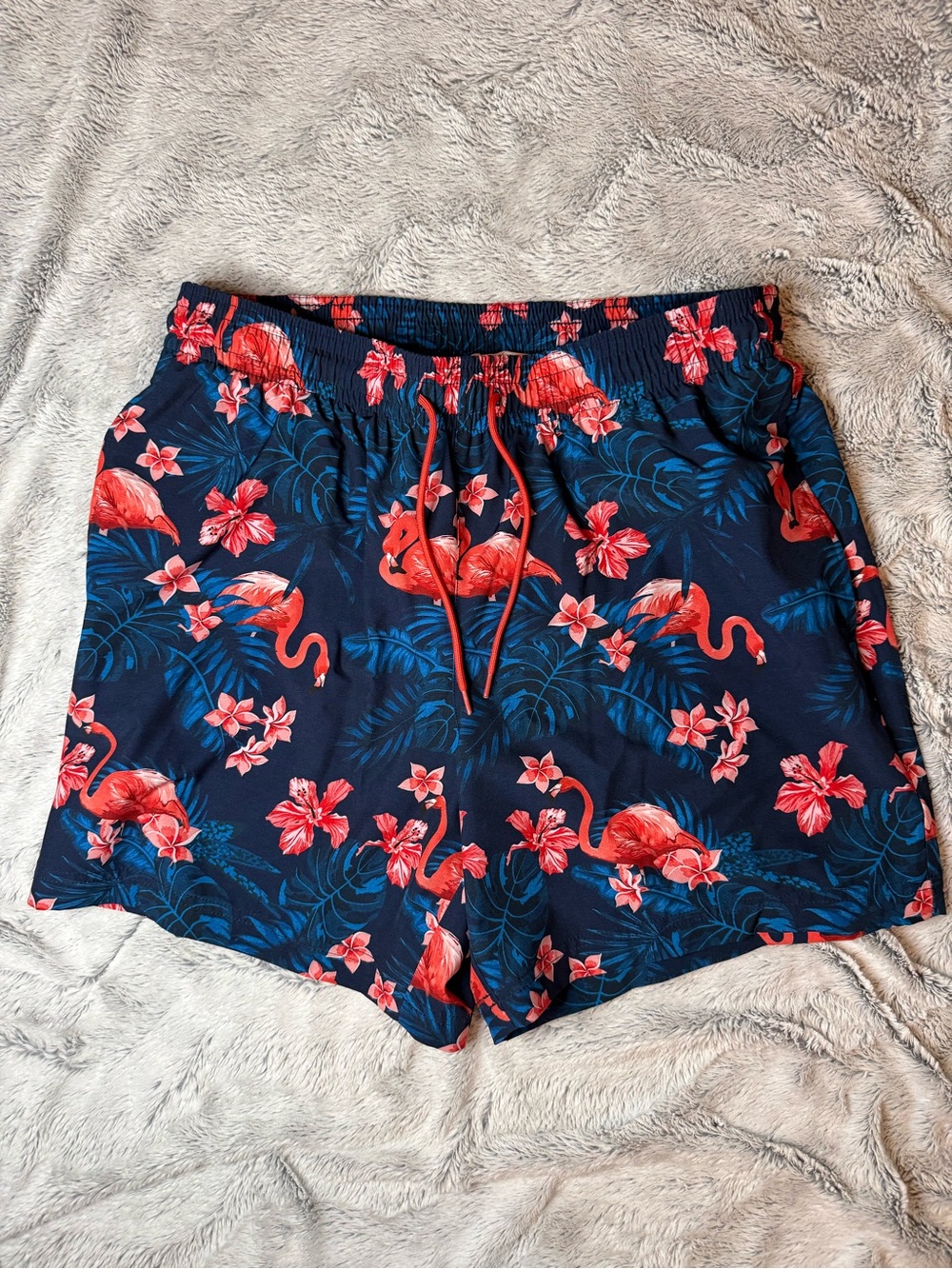 Caribbean flamingo floral swim trunks on navy background large - Picture 2 of 7